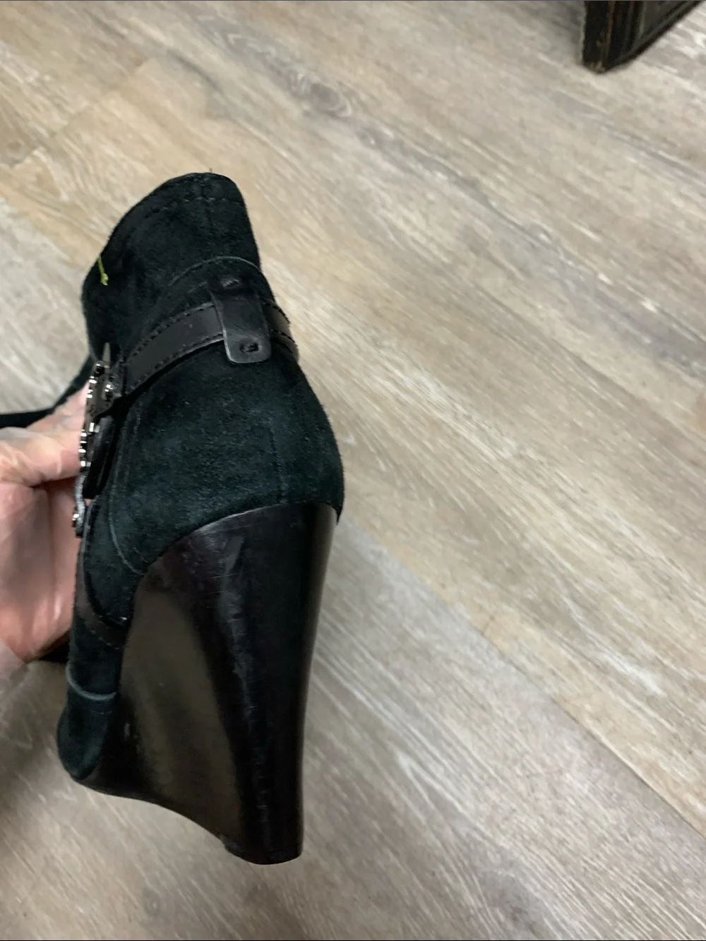 Tory Burch Black Suede Wedge Booties with Logo Harness Accent